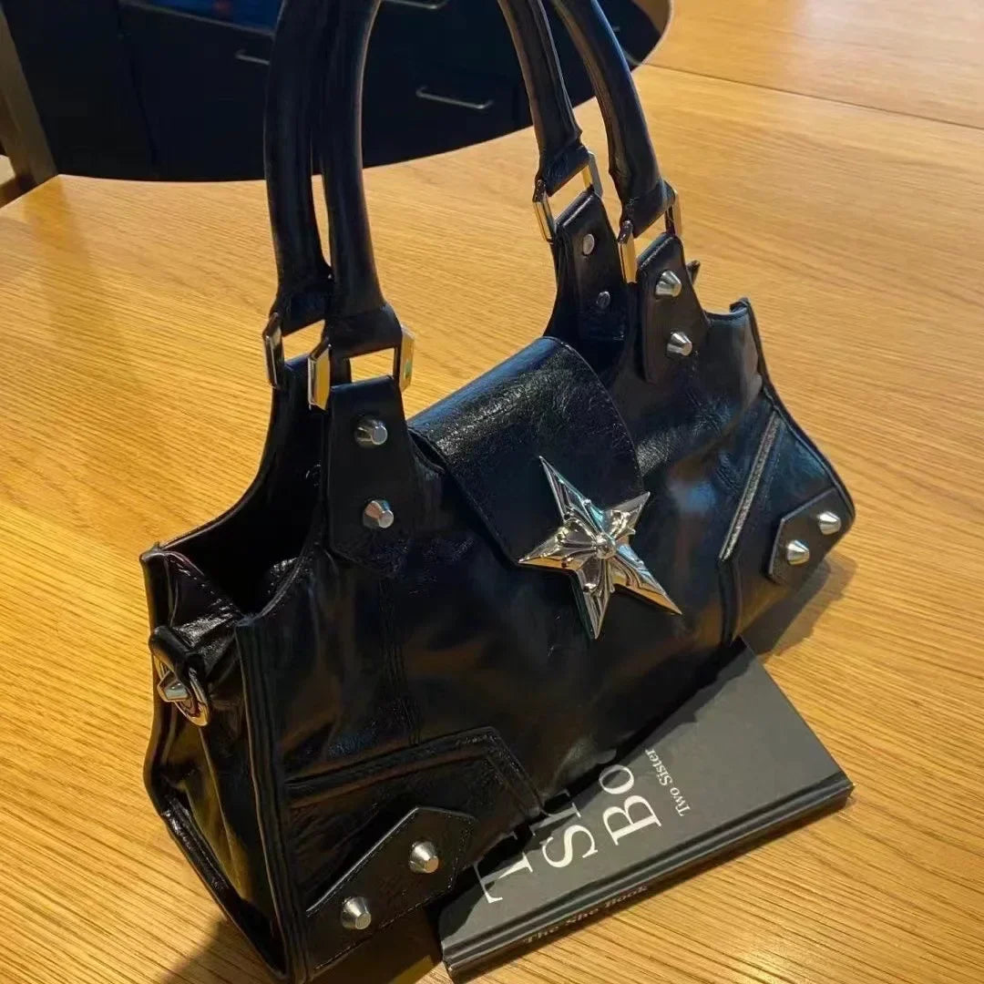 Edgy Studded Handbag, Structured Top Handle Satchel with Statement Star Detail & Metal Hardware, Vintage Shoulder Purse for Everyday Style