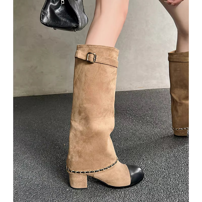 Knee High Suede Boots | Buckle Strap Block Heel Boots | Chain Detail Tall Fashion Booties