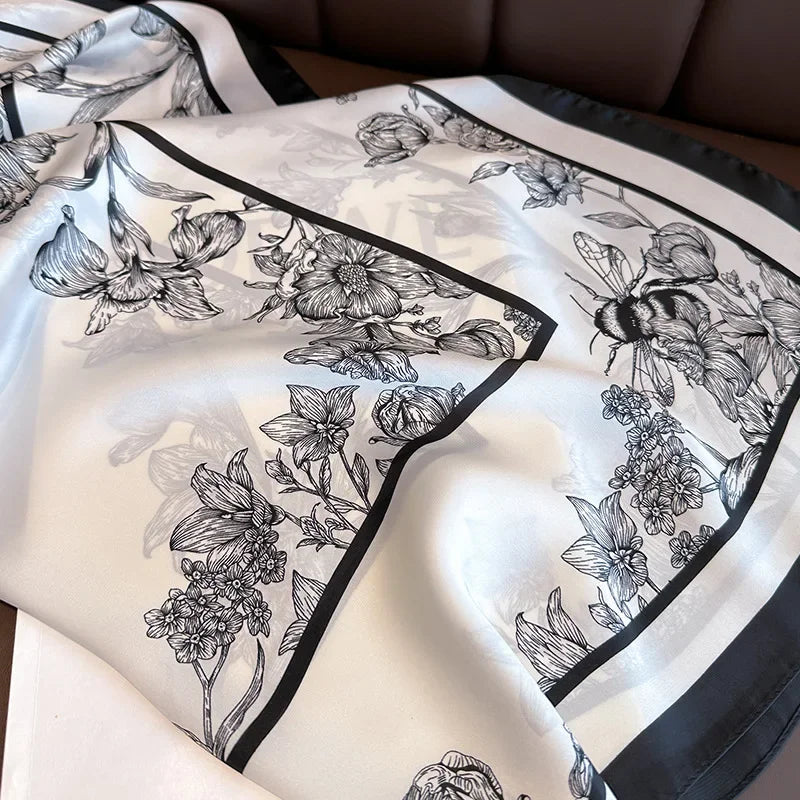 Floral Print Satin-Look Scarf, Elegant Botanical Neck Wrap with Contrast Border, Classic Square Scarf for Women