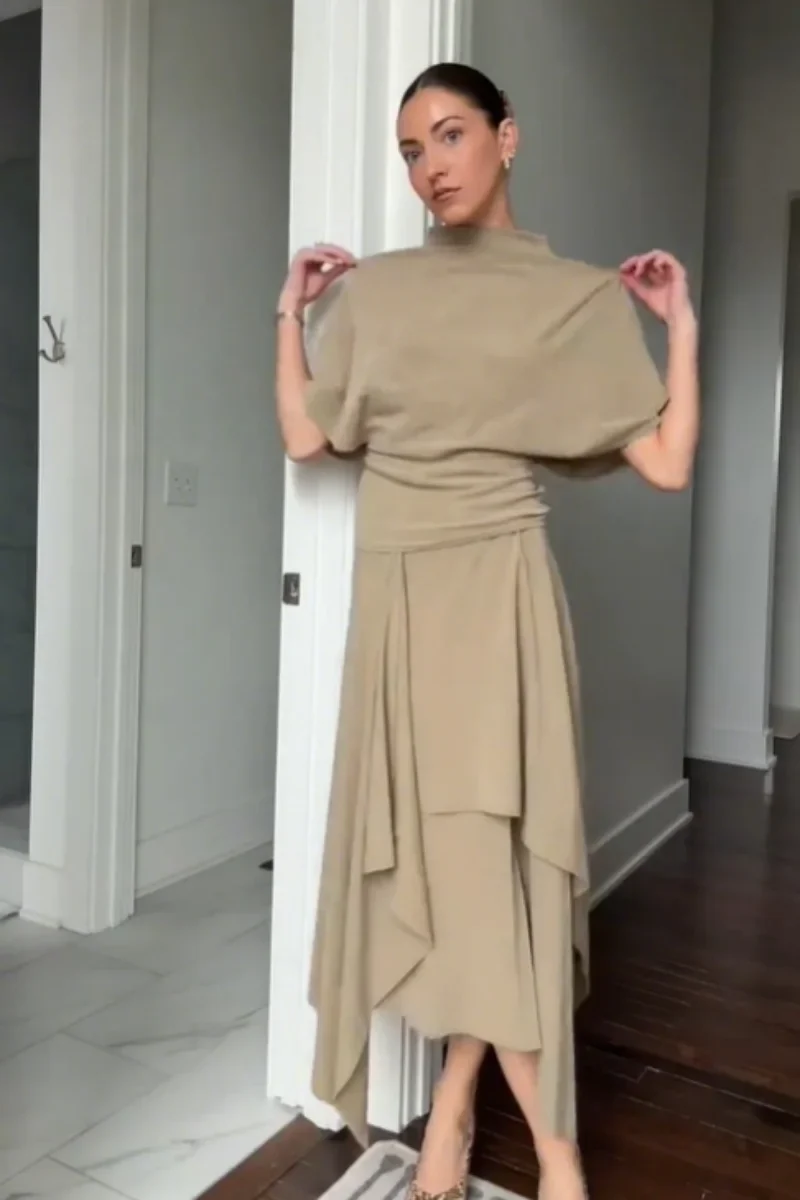 High Neck Draped Top & Asymmetric Midi Skirt Co-Ord Set | Elegant Two Piece Outfit with Waist Tie | Chic Formal & Occasion Wear
