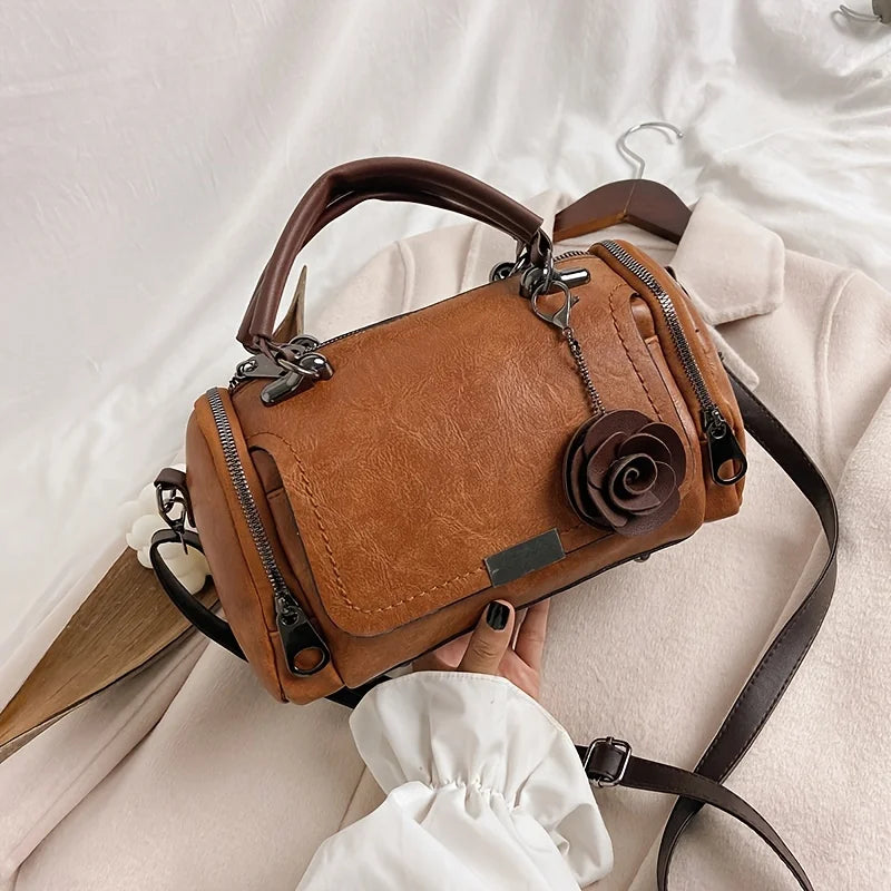 Vintage Mini Satchel Bag, Distressed Leather-Look Crossbody Handbag, Retro Top Handle Purse with Floral Accent & Adjustable Strap
