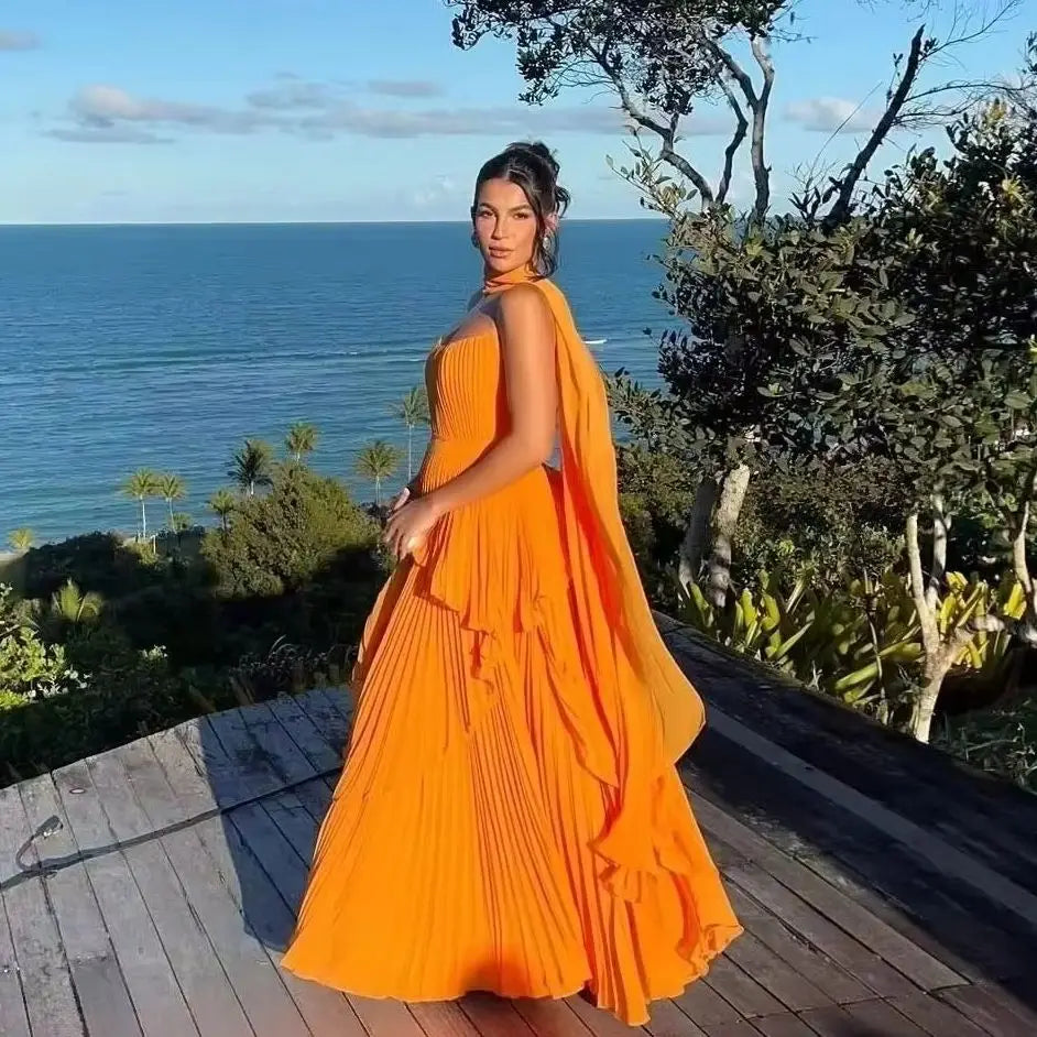 Pleated Maxi Evening Dress – Sleeveless Gown with Draped Neck Scarf, Structured Bodice, Tiered Ruffle Skirt and Elegant Flowing Silhouette