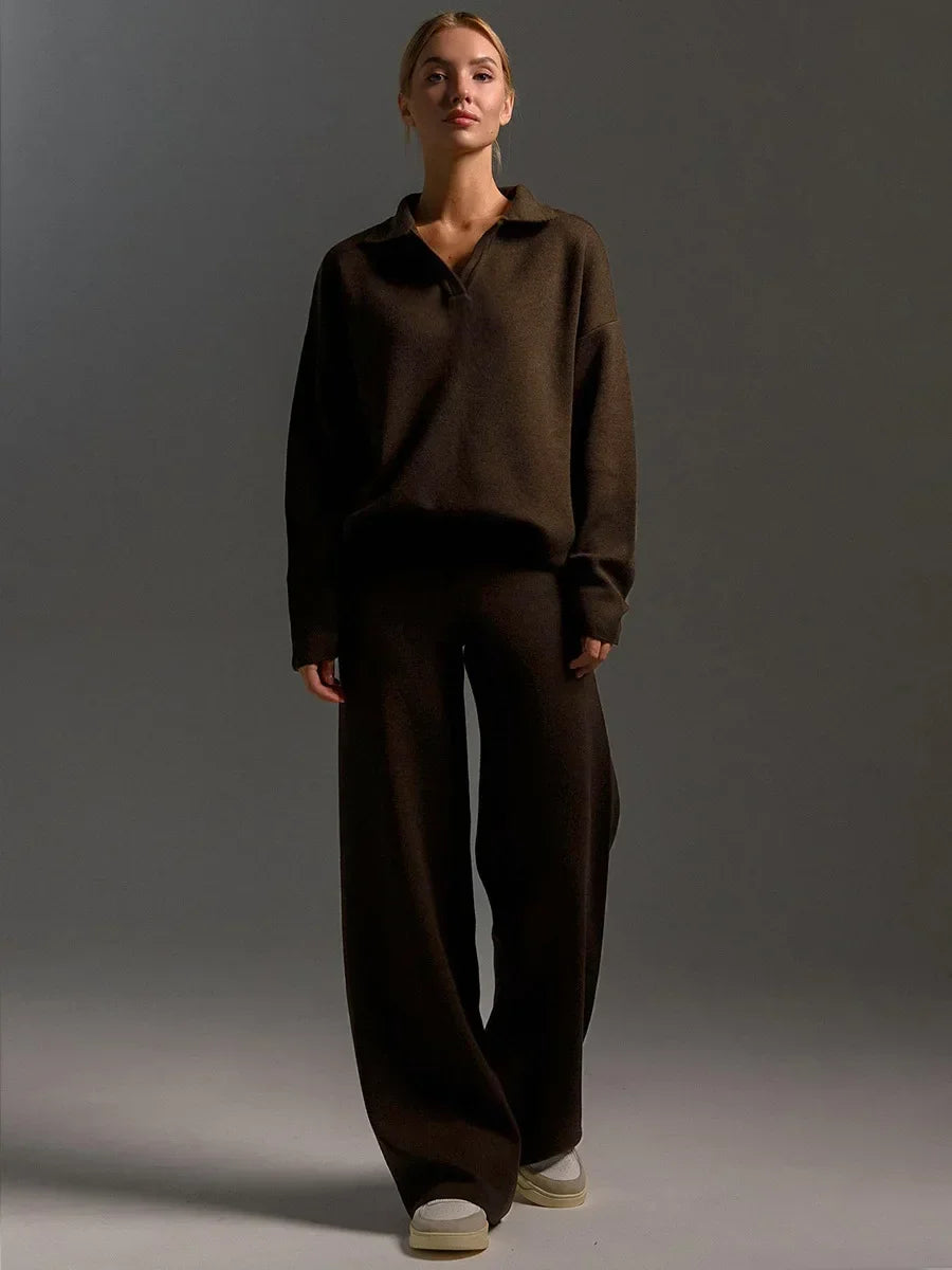 Collared Knit Sweater & Wide Leg Pants Co-Ord Set | Long Sleeve Two Piece Casual Outfit | Chic Fall & Winter Matching Set