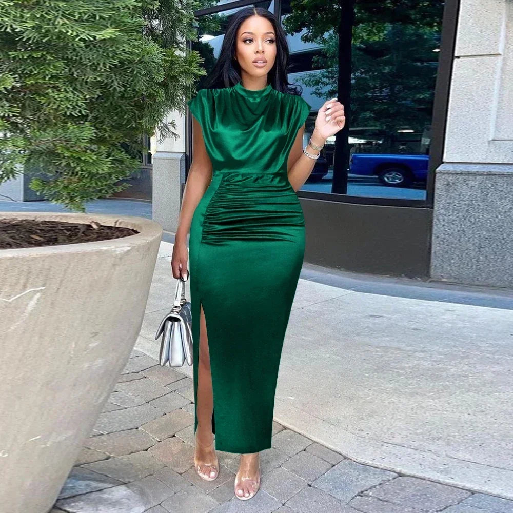 Ruched Midi Dress – Draped Cowl Neck Bodycon Dress with Short Sleeves and Side Slit for Cocktail Parties, Date Nights & Evening Events