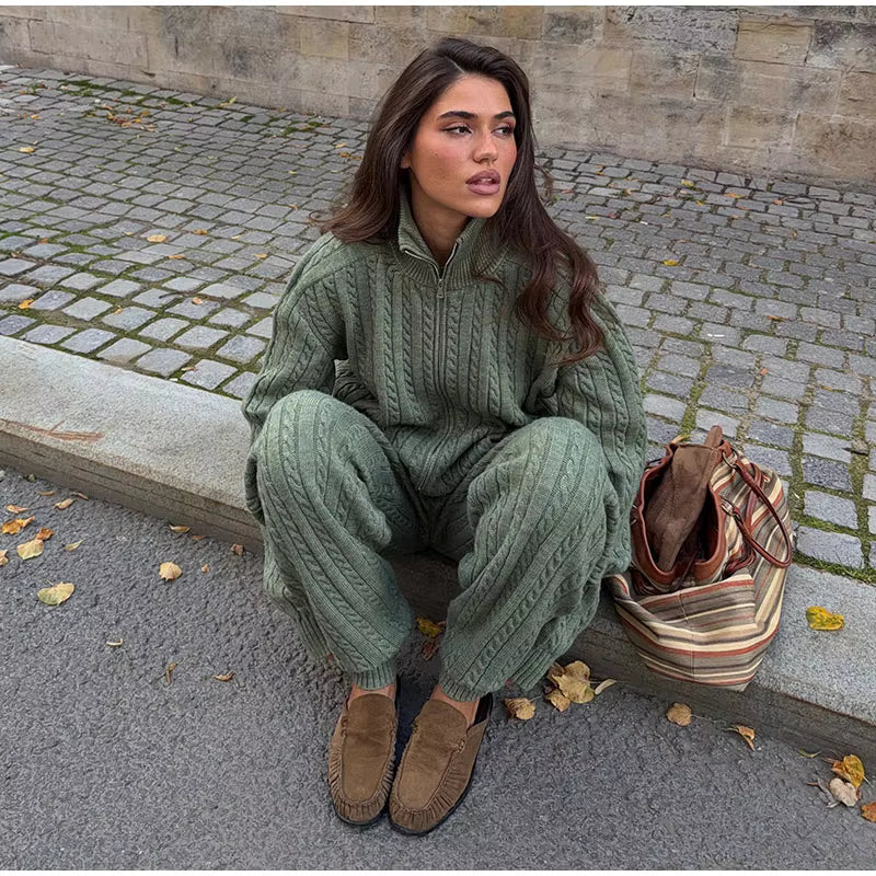 Cable Knit Sweater &amp; Wide Leg Pants Co-Ord Set | Oversized Two Piece Knit Outfit | Cozy Fall &amp; Winter Lounge Matching Set