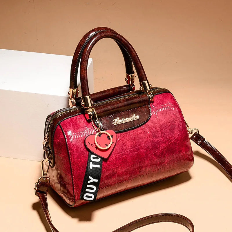 Women's Boston Bag, Crocodile Embossed Leather Handbag, Vintage Top Handle Satchel with Adjustable Crossbody Strap & Charm