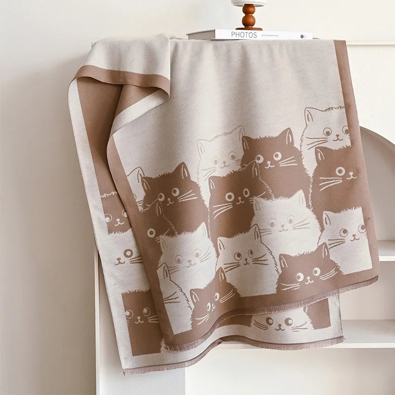 Cute Cat Print Scarf, Playful Feline Pattern Shawl Wrap, Artistic Neck Scarf with Decorative Border