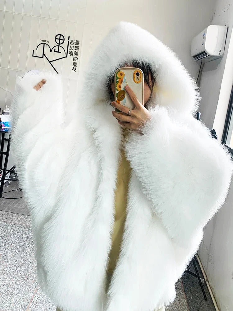Oversized Faux Fur Hooded Coat, Plush Fuzzy Winter Jacket with Relaxed Fit, Cozy Cold Weather Outerwear