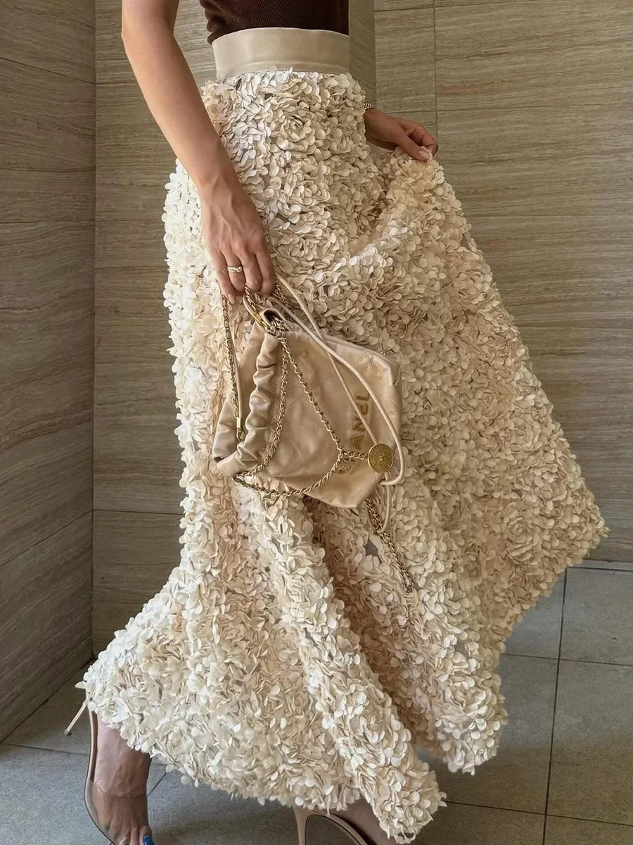 High Waisted Textured Maxi Skirt A Line Long Flared Skirt Asymmetrical Hem Boucle Style Elegant Boho Occasion Wear