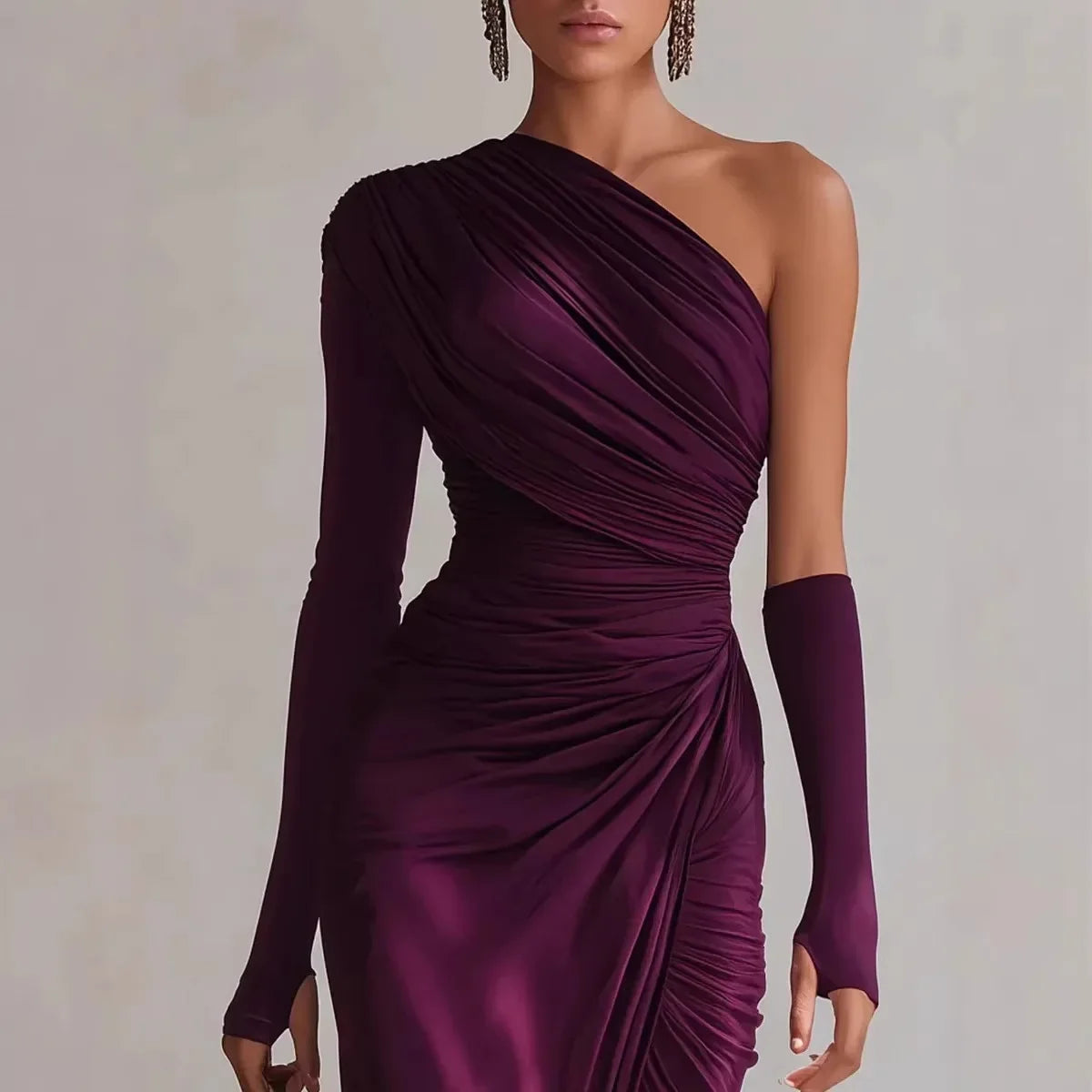 One Shoulder Ruched Maxi Dress – Asymmetrical Long Sleeve Evening Gown with Draped Bodice, High Side Slit and Figure-Hugging Silhouette