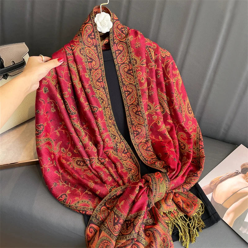 Women's Paisley Print Shawl Wrap, Bohemian Scarf with Decorative Border, Printed Shoulder Wrap for Women