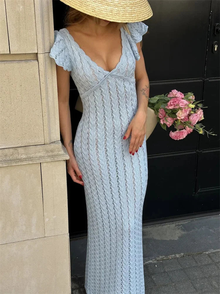Knitted Maxi Dress – V-Neck Short Flutter Sleeve Dress with Textured Knit Pattern, Fitted Waist and Flowing Floor-Length Silhouette