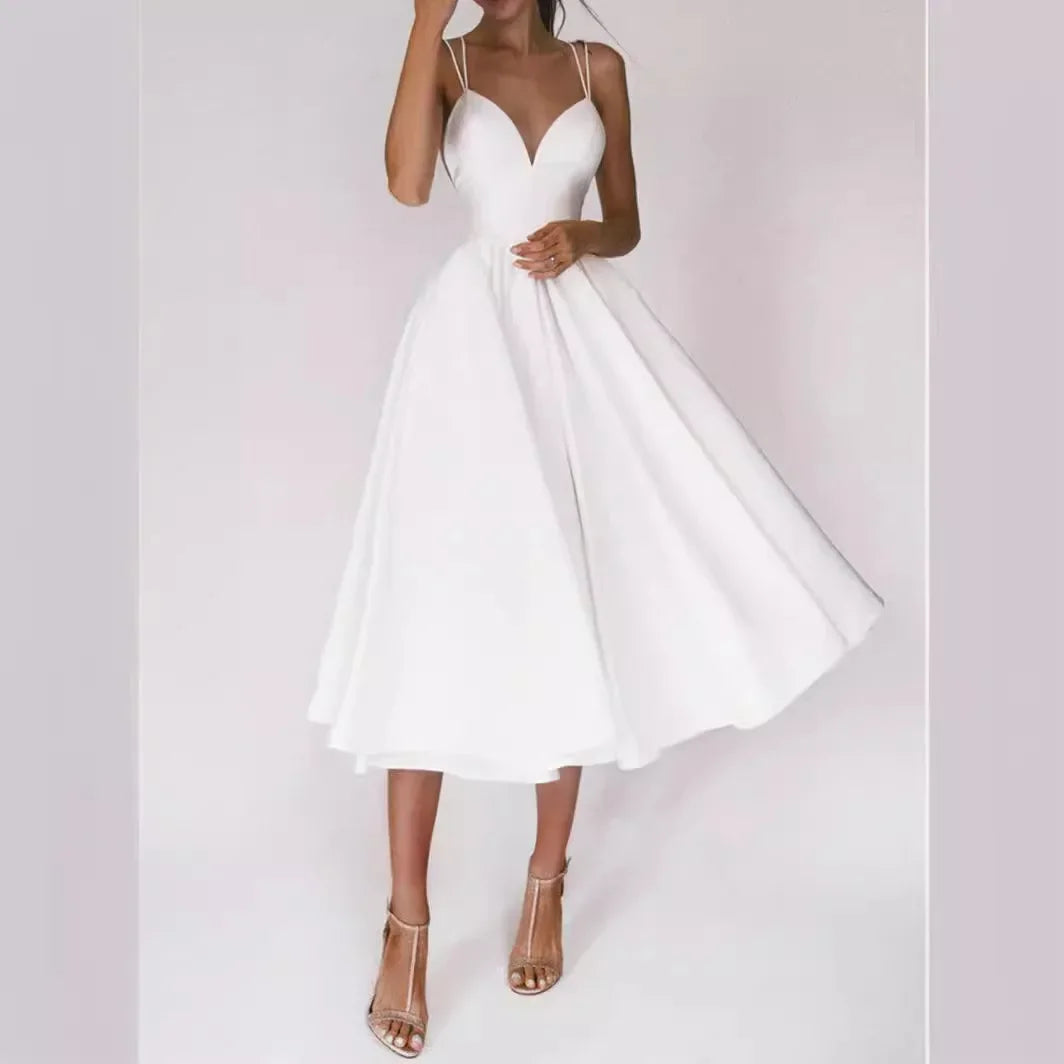Elegant A-Line Midi Dress – Sleeveless Fitted Bodice Dress with Flared Full Skirt for Weddings, Bridal Events, Brunch & Special Occasions