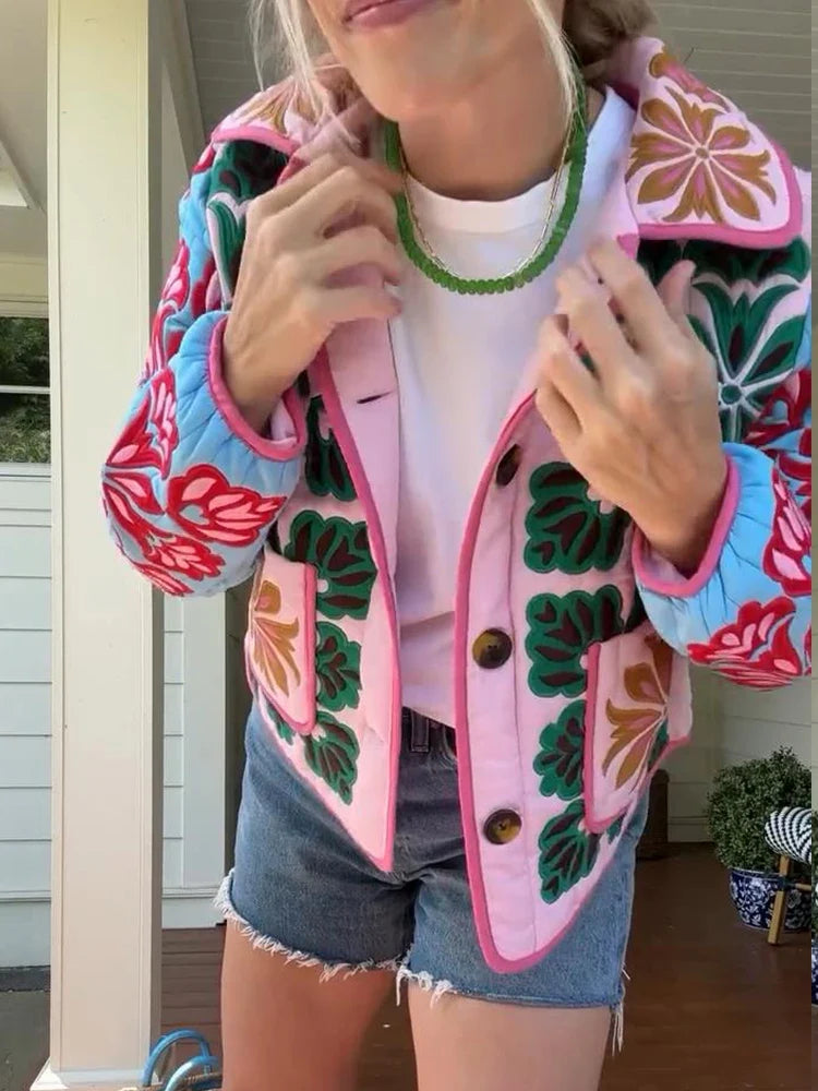 Embroidered Floral Quilted Jacket with Contrast Piping, Button-Up Cropped Jacket with Patch Pockets, Chic Casual Outerwear