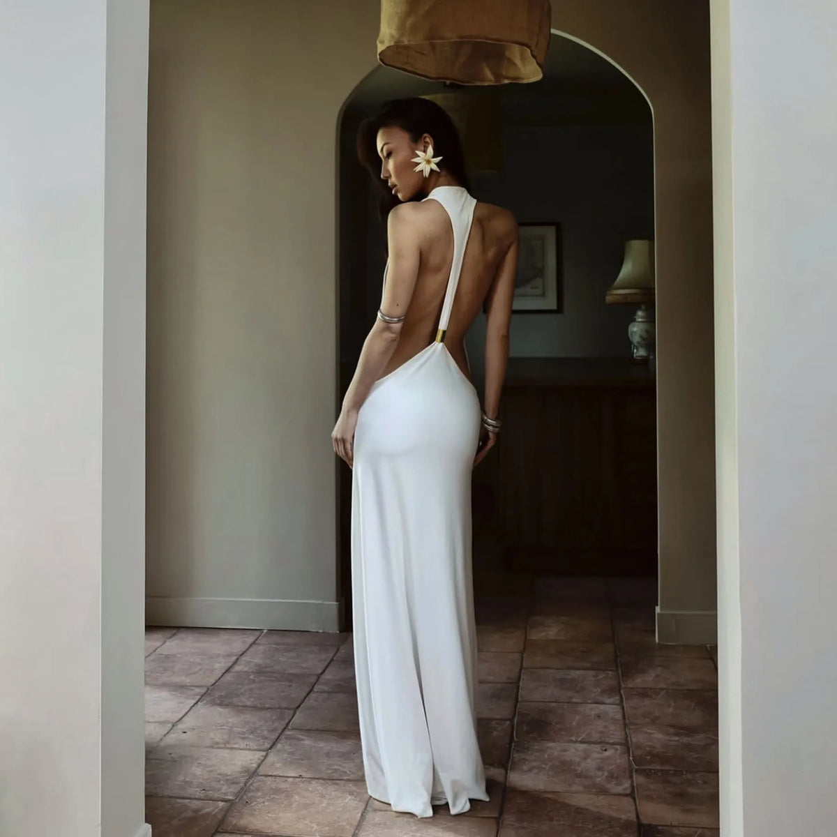 Backless Maxi Dress – Halter Neck Open Back Dress with Draped Silhouette, Low Back Design and Elegant Floor-Length Style