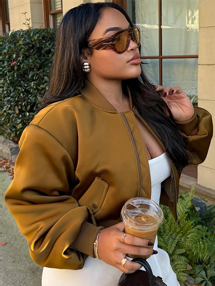 Cropped Bomber Jacket, Quilted Zip-Up Jacket with Ribbed Collar and Cuffs, Fitted Casual Streetwear Outerwear