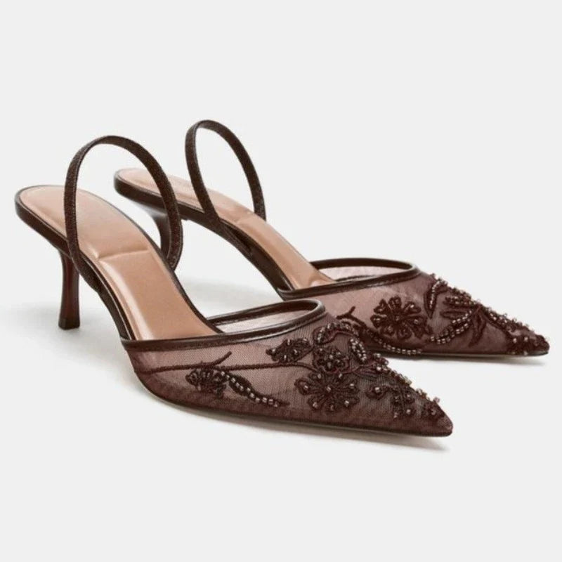 Embroidered Slingback Heels | Pointed Toe Mesh Pumps | Elegant Lace Detail Dress Shoes