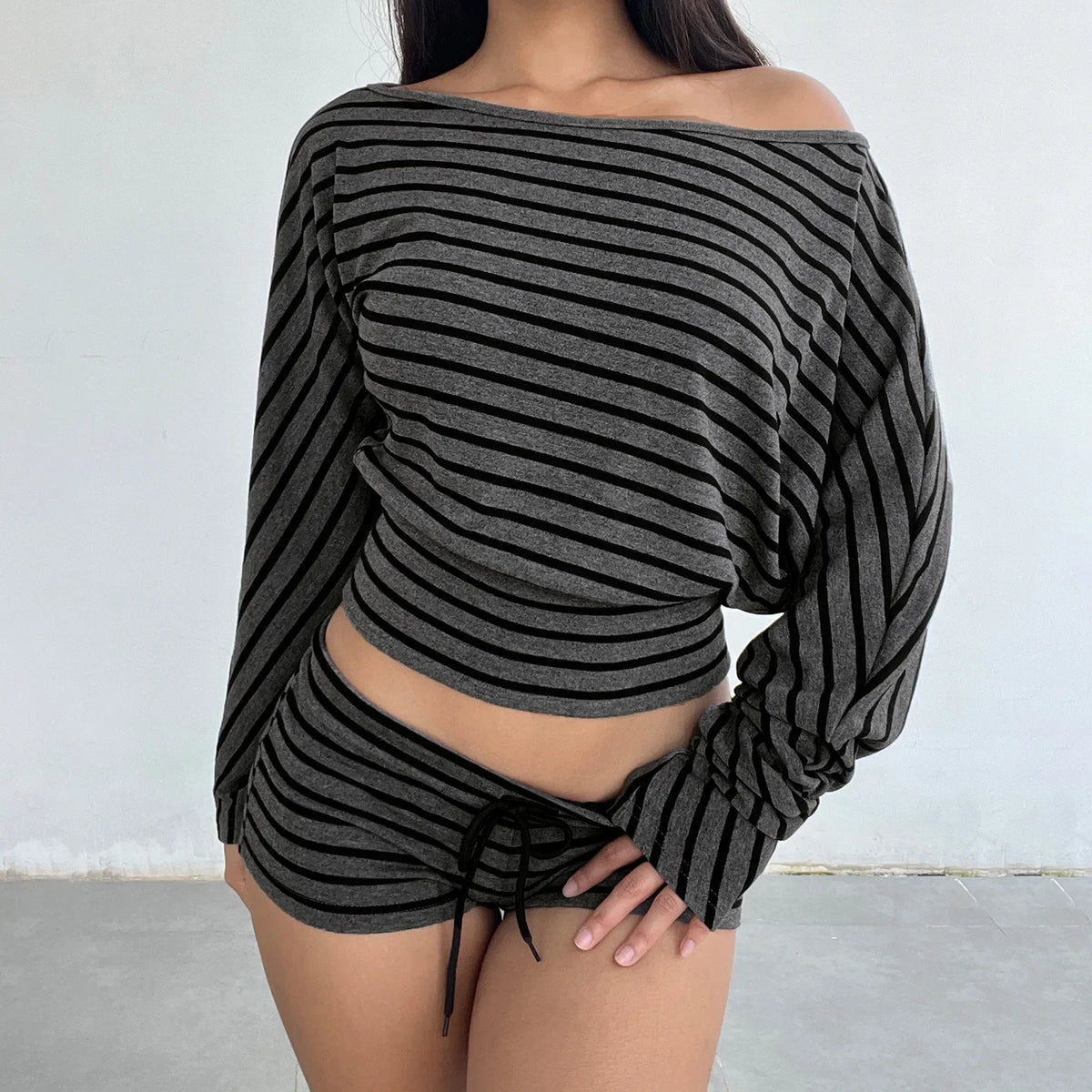 Off Shoulder Striped Top & Drawstring Mini Shorts Co-Ord Set | Long Sleeve Two Piece Casual Outfit | Chic Summer Lounge Matching Set