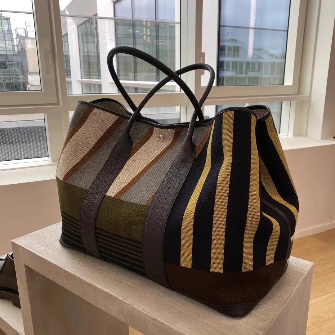 Large Striped Tote Bag, Color Block Shoulder Handbag, Spacious Casual Travel Purse with Long Handles for Work, Shopping & Everyday Use