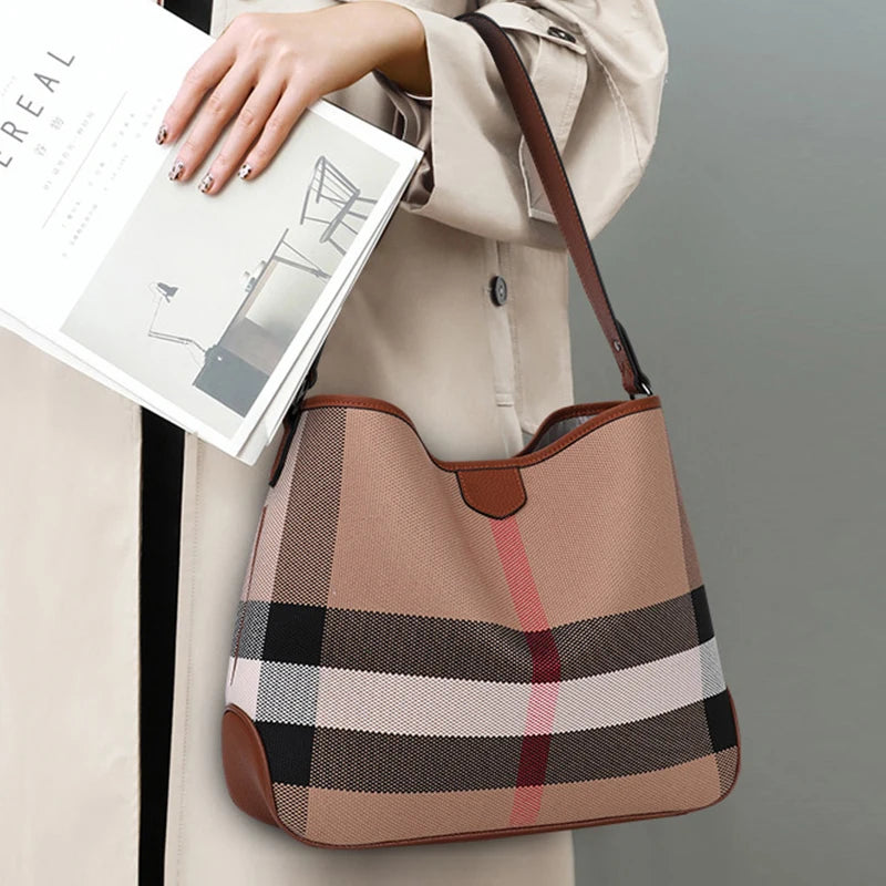 Plaid Shoulder Tote Bag, Spacious Hobo Handbag with Long Shoulder Strap, Classic Everyday Carryall Purse for Work, Shopping & Travel