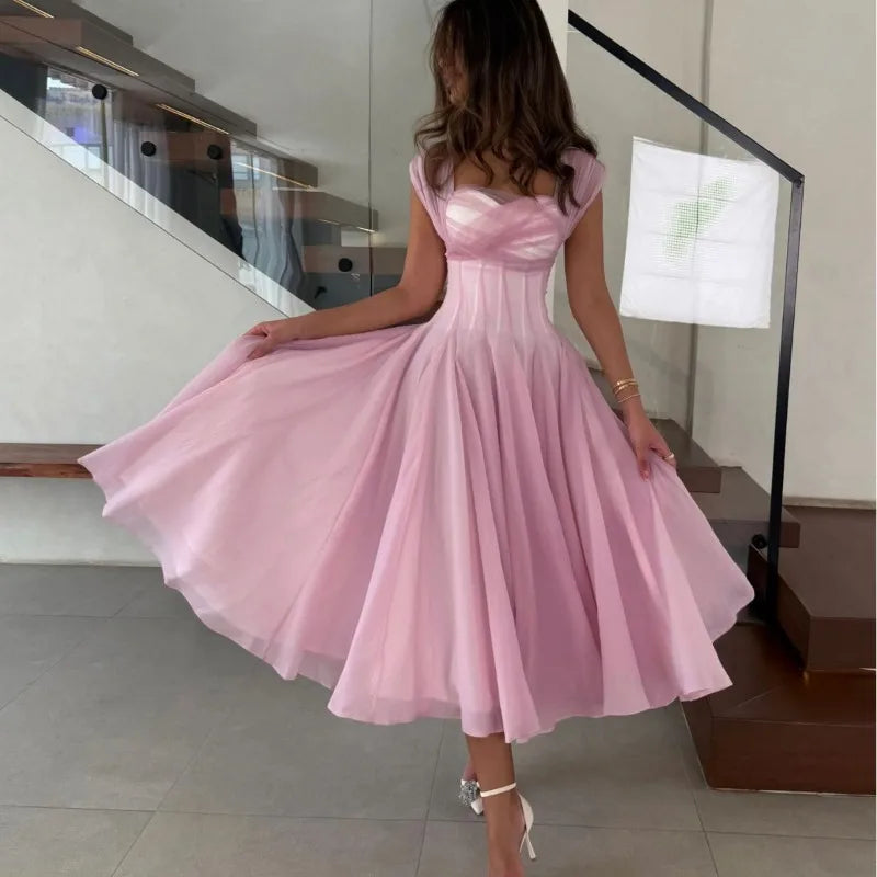 A-Line Midi Dress – Short Sleeve Square Neck Dress with Fitted Bodice, Defined Waist and Flowing Flared Skirt for Weddings & Special Events