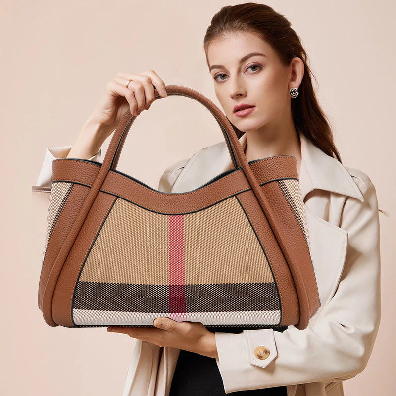 Plaid Tote Handbag, Structured Shoulder Carryall with Double Top Handles & Adjustable Strap, Spacious Work Purse for Travel, Shopping & Everyday Use
