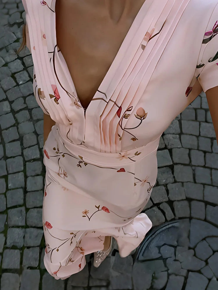 Floral Midi Dress – V-Neck Long Sleeve Wrap Dress with Tie Waist, Pleated Bodice and Front Slit for Weddings, Brunch & Special Events