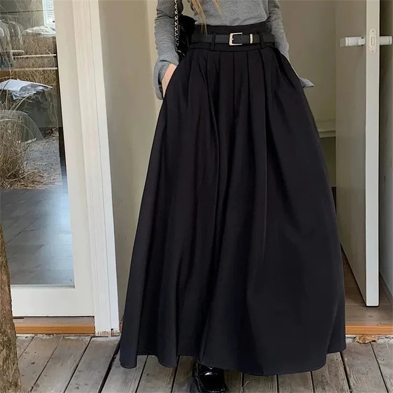 High Waisted Maxi Skirt Pleated A Line Long Flared Skirt Belted Flowing Full Length Casual Office Workwear