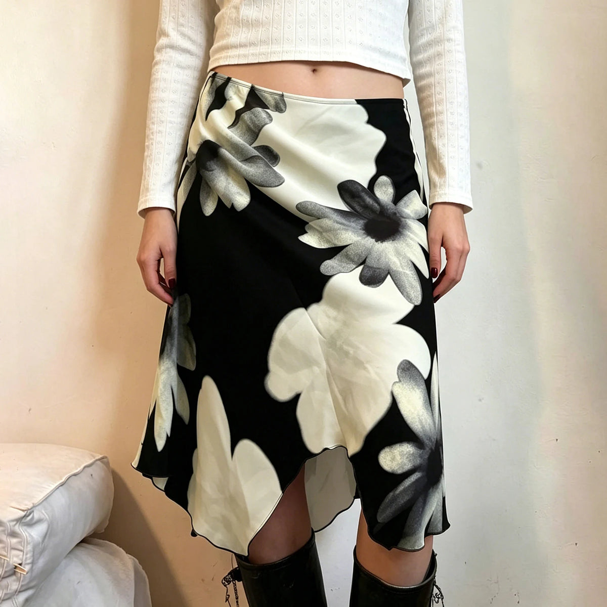 High Waisted Floral Midi Skirt Asymmetrical A Line Skirt Draped Wrap Style Irregular Hem Elegant Casual Party Wear