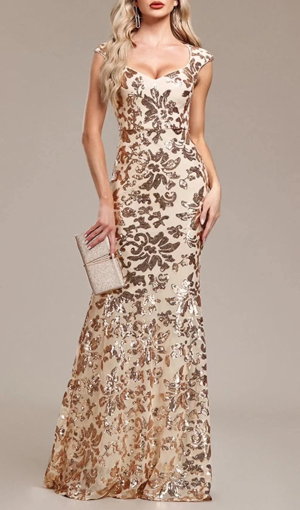 Floral Sequin Maxi Dress – Sleeveless V-Neck Mermaid Gown with Embellished Bodice, Figure-Hugging Fit and Floor-Length Hem for Formal Events