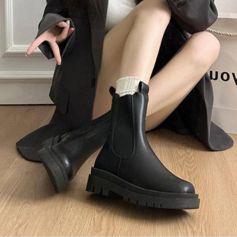Chelsea Ankle Boots | Chunky Platform Combat Booties | Elastic Side Panel Casual Boots
