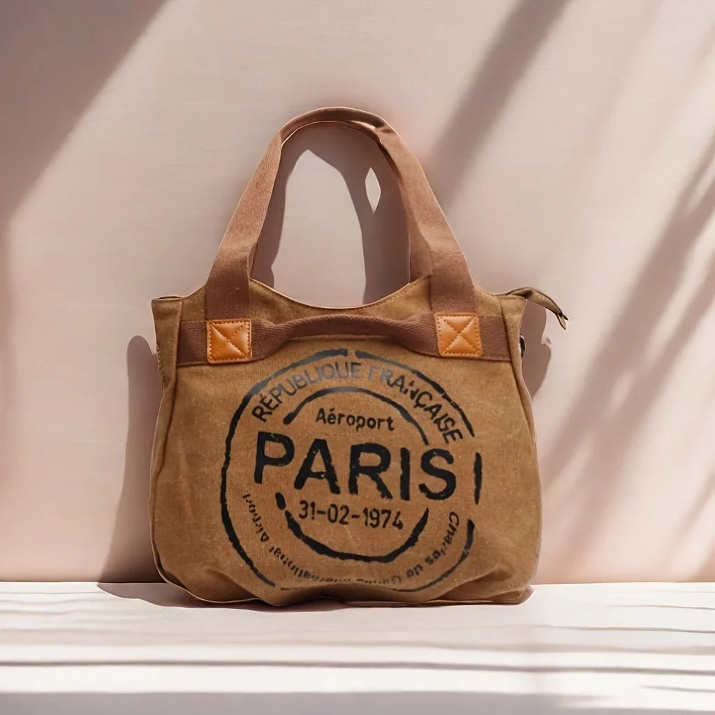 Vintage Canvas Tote Bag, Paris Print Shoulder Handbag, Rustic Travel Carryall Purse with Top Handles for Shopping, Vacation & Everyday Use