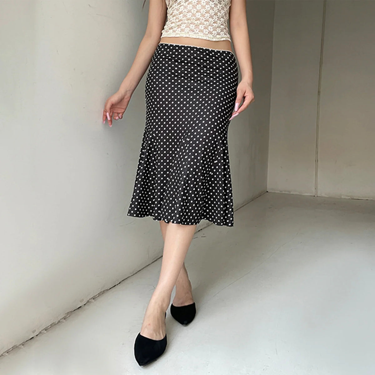 High Waisted Polka Dot Midi Skirt A Line Flared Skirt Pleated Style Knee Length Casual Vintage Inspired Feminine