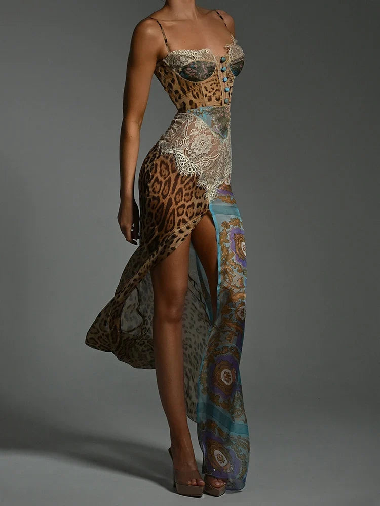 Patchwork Print Maxi Dress – Corset Bodice Spaghetti Strap Dress with Fitted Waist, Mixed Prints and Mermaid Floor-Length Skirt for Events