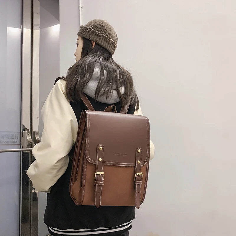 Vintage Satchel Backpack, Structured Leather-Look School Bag, Mini Flap Backpack with Adjustable Straps & Buckle Details for College & Travel
