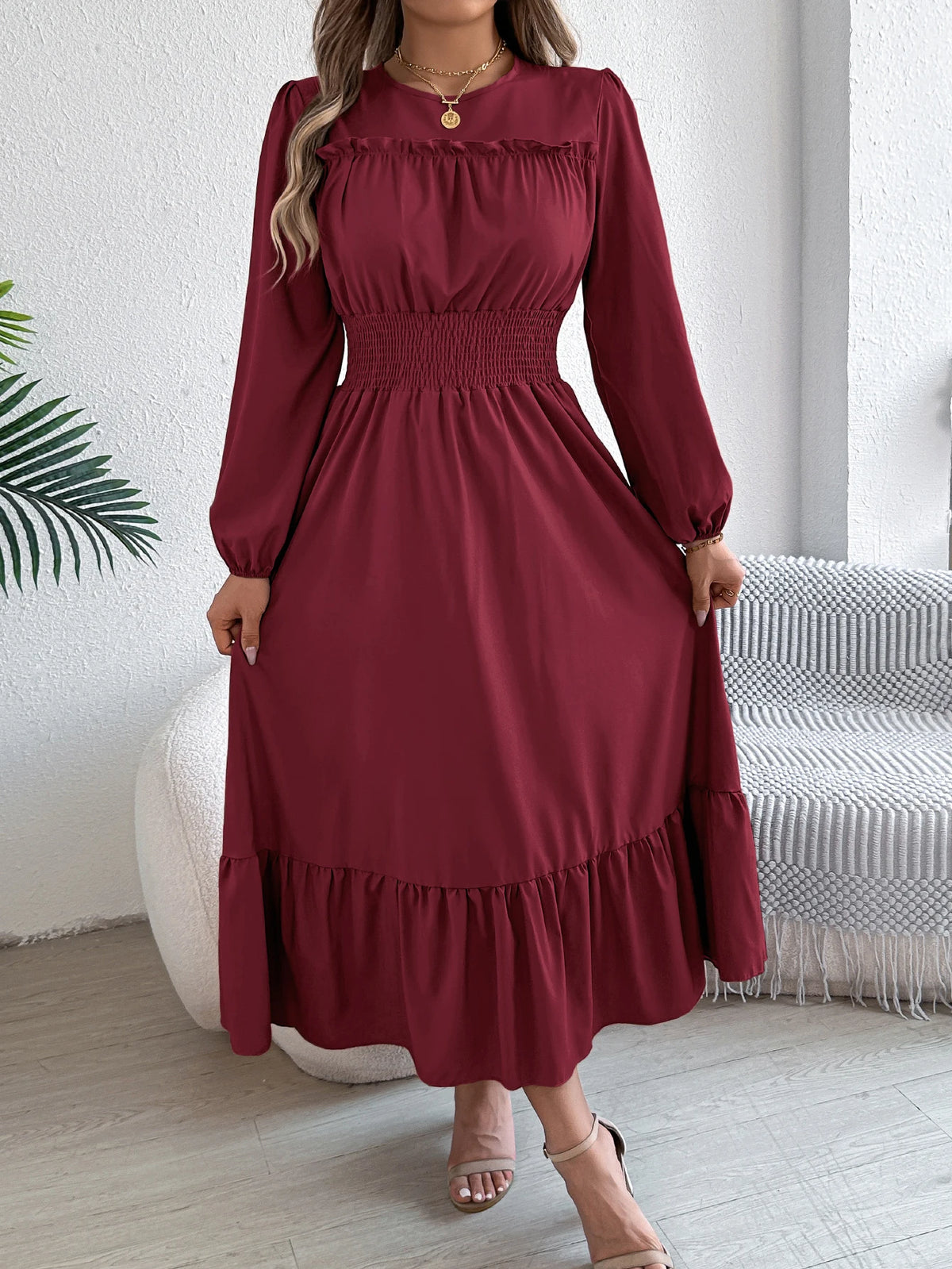 Long Sleeve Midi Dress – Square Neck Dress with Smocked Waist, Puff Sleeves, Gathered Bodice and Tiered Ruffle Hem for Casual Wear