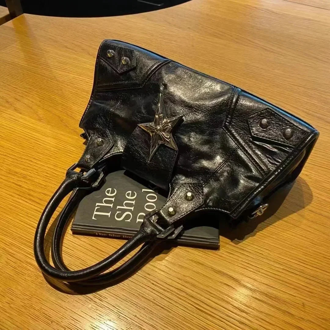 Edgy Studded Handbag, Structured Top Handle Satchel with Statement Star Detail & Metal Hardware, Vintage Shoulder Purse for Everyday Style