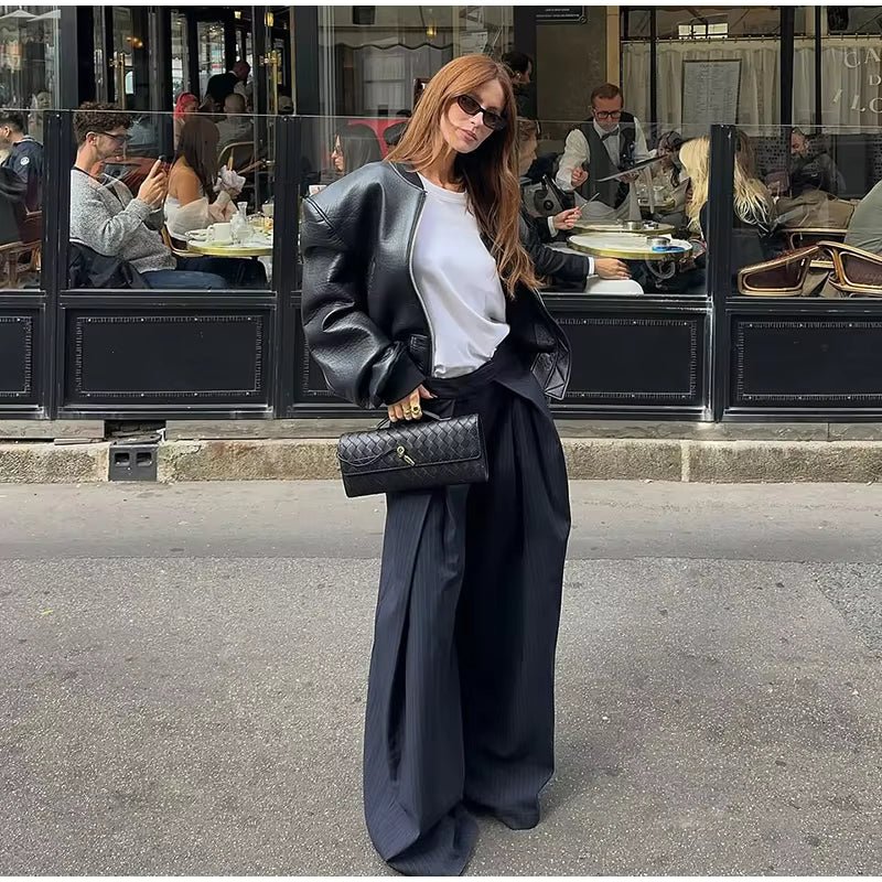 Oversized Leather Bomber Jacket – Women's Zip Up Jacket with Padded Shoulders, Voluminous Sleeves and Relaxed Streetwear Fit