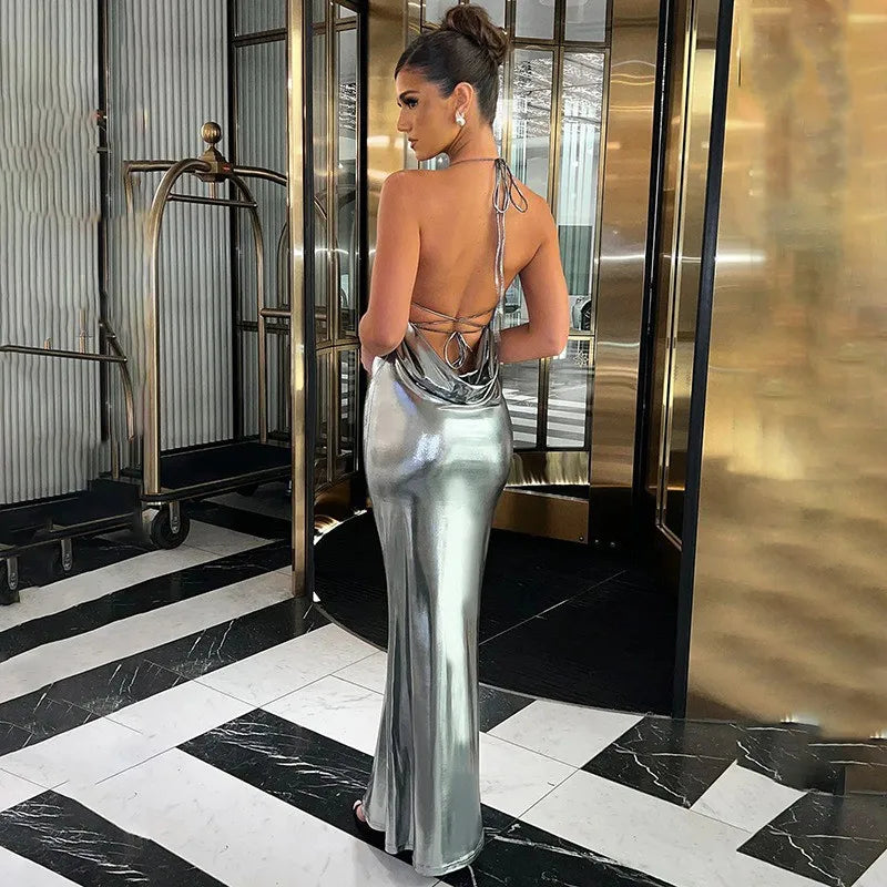 Metallic Satin Maxi Dress – Spaghetti Strap Bodycon Dress with Draped Bodice, Fitted Waist and Floor-Length Silhouette