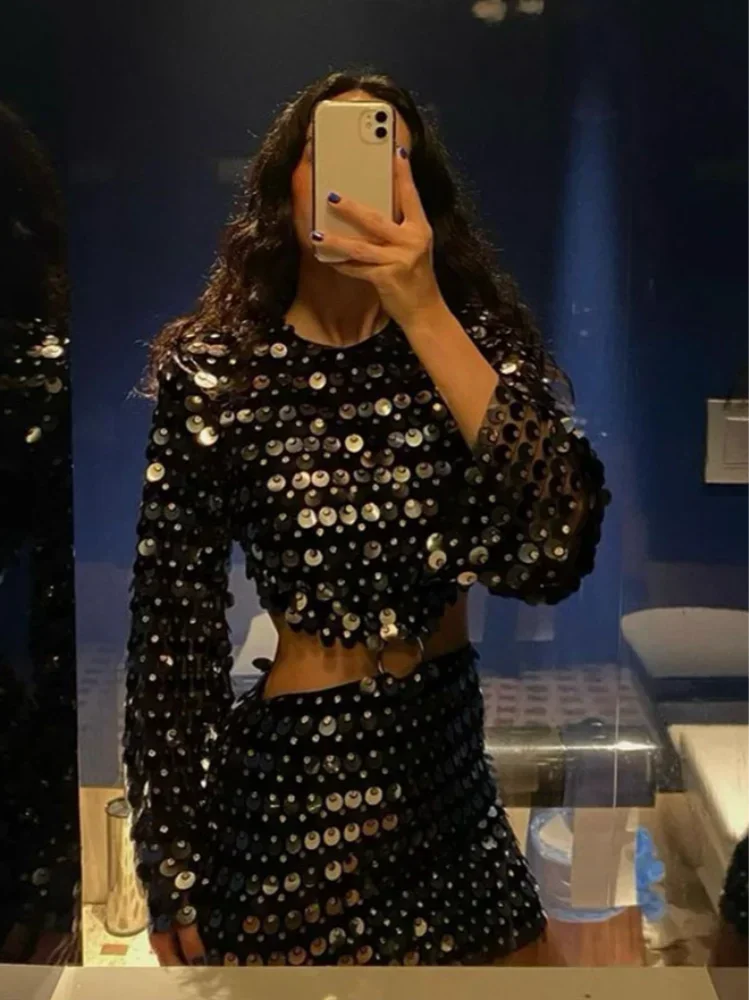 Sequin Two Piece Set – Long Sleeve Crop Top and Mini Skirt with Cutout Waist, Embellished Finish and Figure-Hugging Fit for Parties
