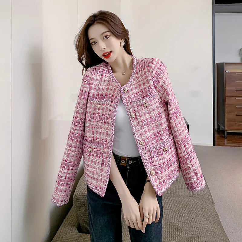 Textured Tweed Jacket, Cropped V-Neck Jacket with Button Front and Frayed Trim, Elegant Feminine Casual Outerwear