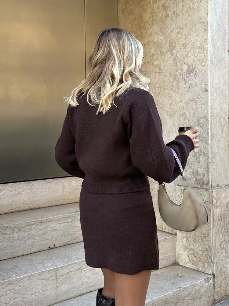 Button Front Knit Cardigan & Mini Skirt Co-Ord Set | Long Sleeve Two Piece Outfit with Pocket Detail | Chic Fall & Winter Matching Set