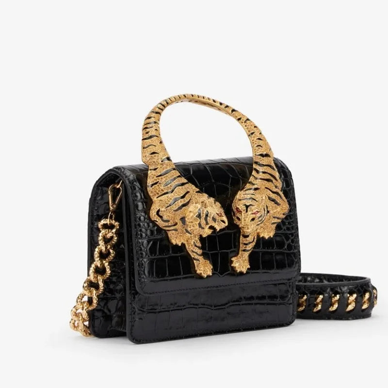 Luxury Inspired Mini Top Handle Bag, Embellished Structured Handbag with Ornate Hardware & Chain Strap, Elegant Evening Purse for Parties & Events