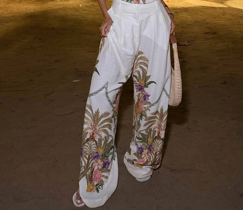 Floral Corset Top &amp; Wide Leg Pants Co-Ord Set with Longline Blazer | Three Piece Printed Outfit | Chic Vacation &amp; Resort Wear