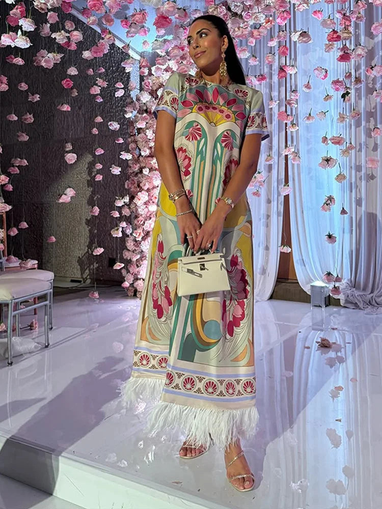 Boho Floral Maxi Dress – Short Sleeve Printed Dress with Round Neck, Fringe Hem, Flowing Silhouette and Statement Pattern