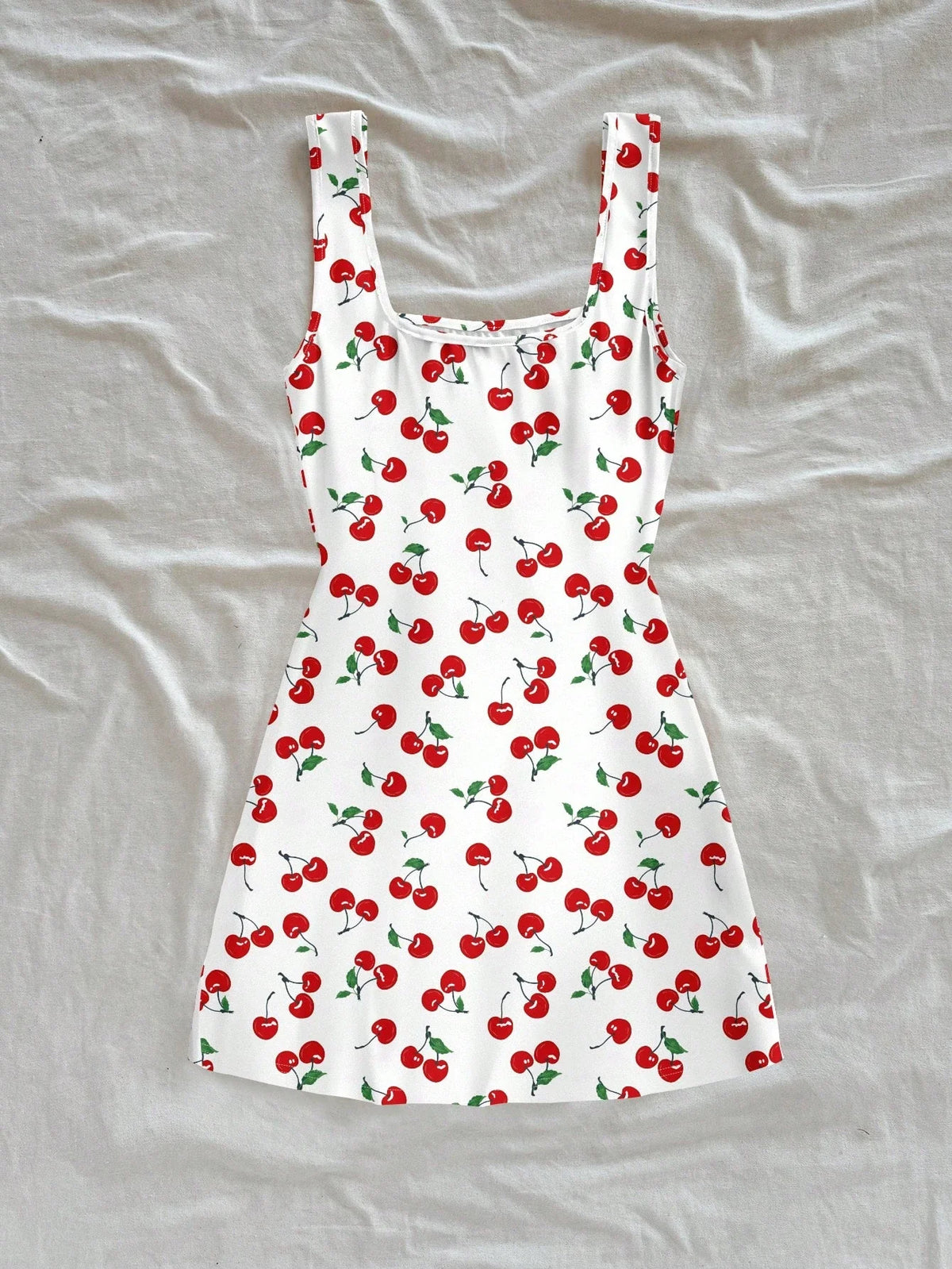 Cherry Print Mini Dress – Sleeveless Square Neck Dress with Wide Shoulder Straps, Fitted Bodice and Flared Skirt for Summer & Vacations