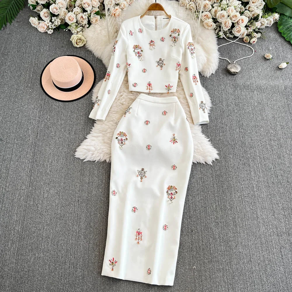 Floral Embroidered Top & Midi Skirt Co-Ord Set | Long Sleeve Two Piece Outfit | Elegant Casual Matching Set for Brunch & Events