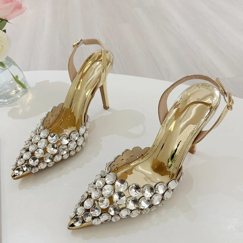 Rhinestone Slingback Heels | Pointed Toe Crystal Pumps | Elegant Kitten Heel Party Shoes