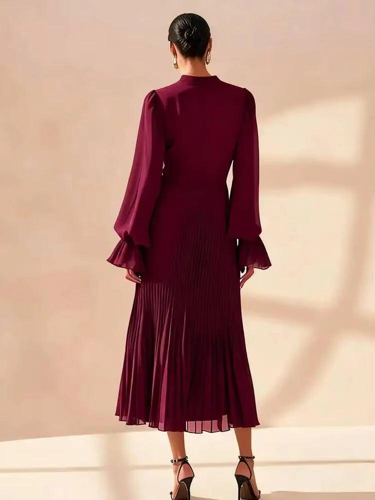 Pleated Ruffle Midi Dress – Long Sleeve Chiffon Dress with High Neckline, Keyhole Detail, Balloon Sleeves and Asymmetrical Tiered Hem