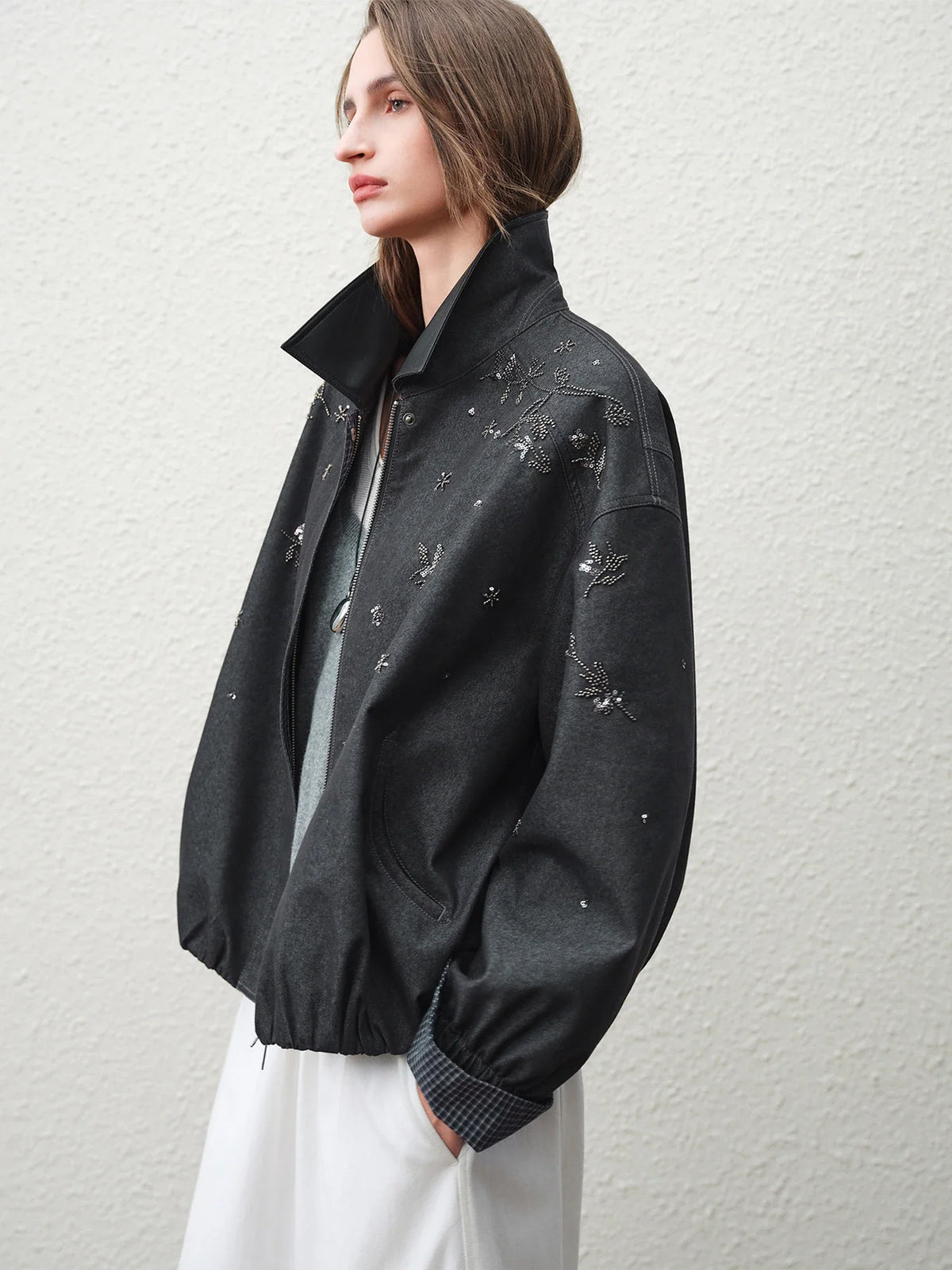 Embellished Bomber Jacket, Oversized Zip-Up Jacket with Stand Collar and Ribbed Cuffs, Relaxed Fit Casual Transitional Outerwear